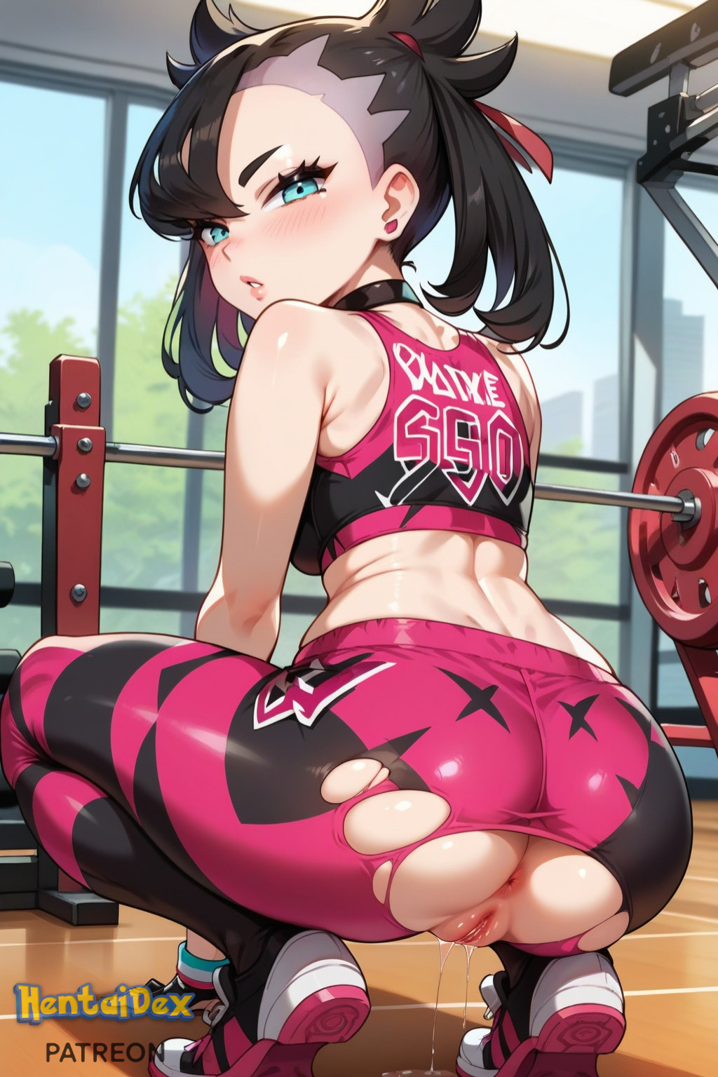 ai_generated anus aqua_eyes ass asymmetrical_bangs bangs bare_shoulders black_choker black_hair blush breasts choker earrings female from_behind gym hair_ribbon hentaidex hentaidexfuta jewelry looking_at_viewer looking_back marnie_(pokemon) pants parted_lips patreon patreon_username pink_pants pussy pussy_juice red_ribbon ribbon solo sports_bra squatting torn_clothes torn_legwear twintails uncensored