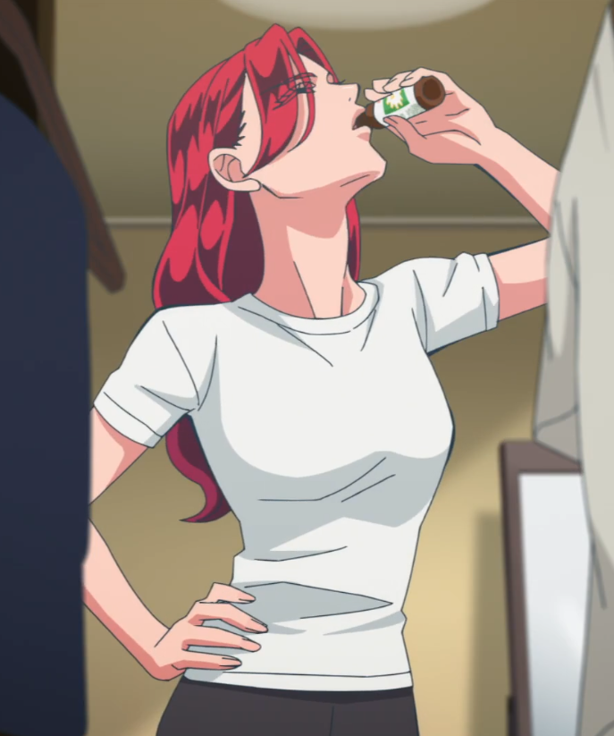 breasts dress drinking female hand_on_hip highres large_breasts long_hair raise_wa_tanin_ga_ii red_eyes red_hair sideboob solo somei_yoshino_(raise_wa_tanin_ga_ii) white_shirt