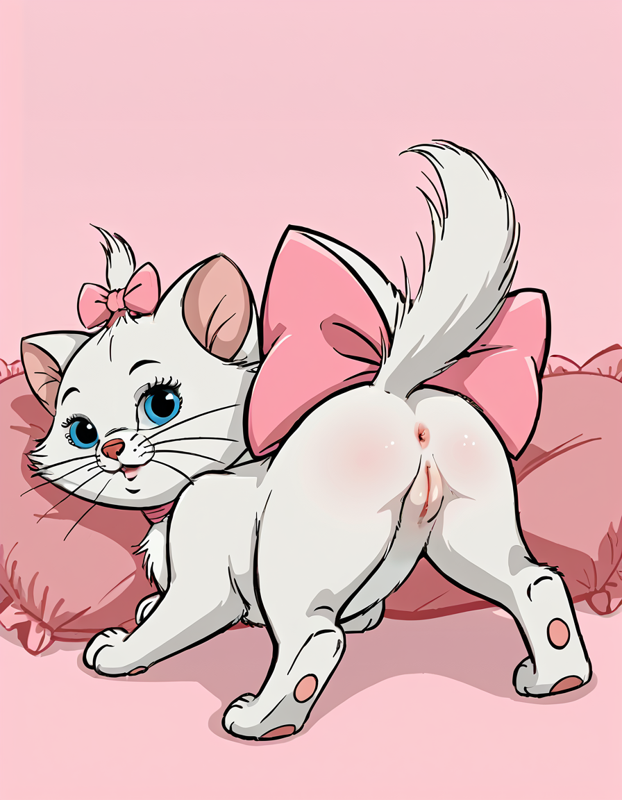 ai_generated ass blue_eyes female marie_(aristocats) pussy ribbon ribbon_in_hair solo the_aristocats white_fur