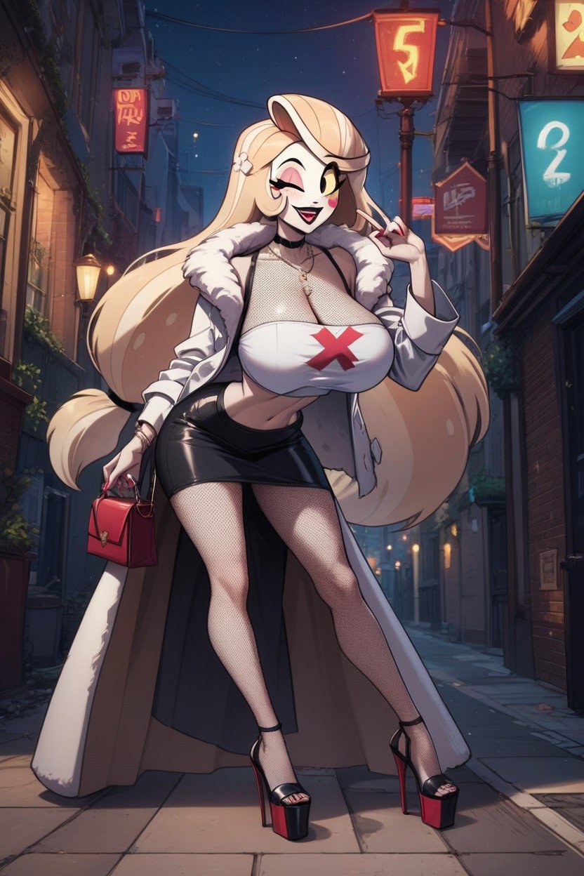 ai_generated ai_hands alleyway blonde_female charlie_morningstar_(hazbin_hotel) city crop_top furcoat hand_gesture hazbin_hotel large_ass long_hair massive_breasts night no_sex platform_heels posing_for_the_viewer prostitute prostitute_clothes prostitution skirt_lift smiling street_hooker wink