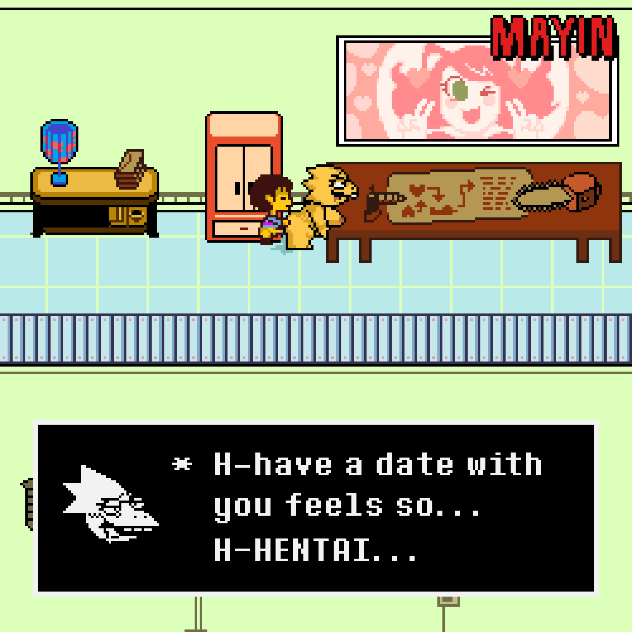 1:1, 2019, accurate art style, against table, alphys, ambiguous penetration, animated, anthro, anthro penetrated, ass, ass grab, bent over, bodily fluids, bottomless, brown hair, butt grab, clothed, clothed male nude female, clothed/nude, clothing, dialogue, digital media (artwork), drooling, duo, english text, eyewear, female, female penetrated, frisk, glasses, hair, hand on ass, hand on butt, hi res, high-angle view, hip grab, human, human on anthro, human penetrating, human penetrating anthro, inside, interspecies, larger female, lizard, loop, male, male penetrating, mammal, mayin, nude, penetration, pixel art, reptile, saliva, scales, scalie, sex, short playtime, signature, size difference, smaller male, straight, text, text box, toby fox, undertale, video games, yellow scales, yellow skin