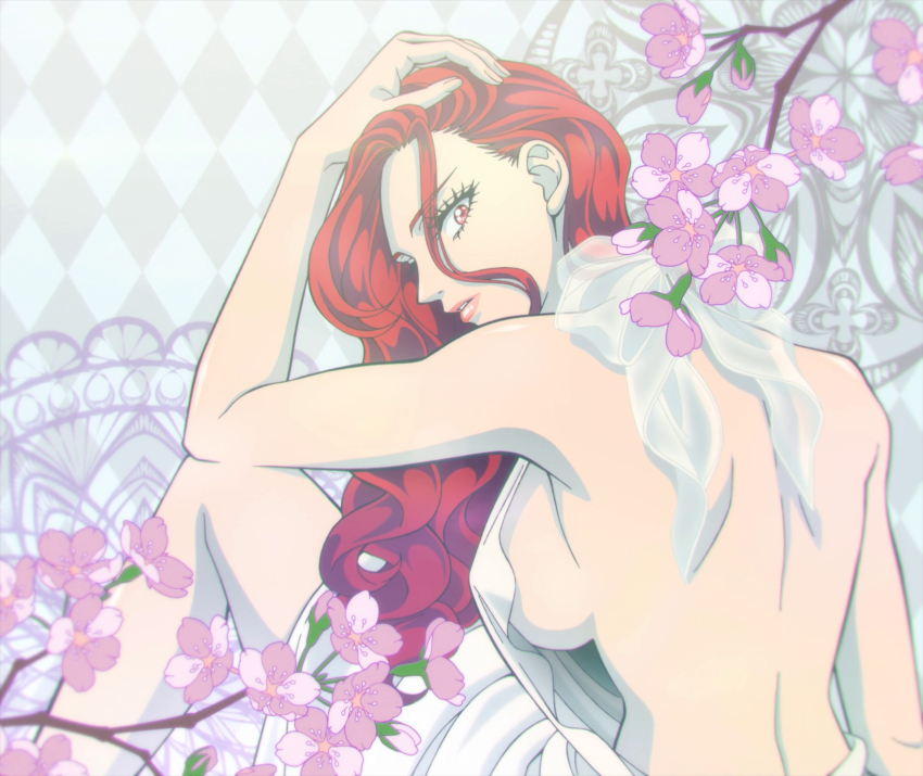 backless_dress backless_outfit breasts dress female highres large_breasts long_hair raise_wa_tanin_ga_ii red_eyes red_hair sideboob solo somei_yoshino_(raise_wa_tanin_ga_ii)