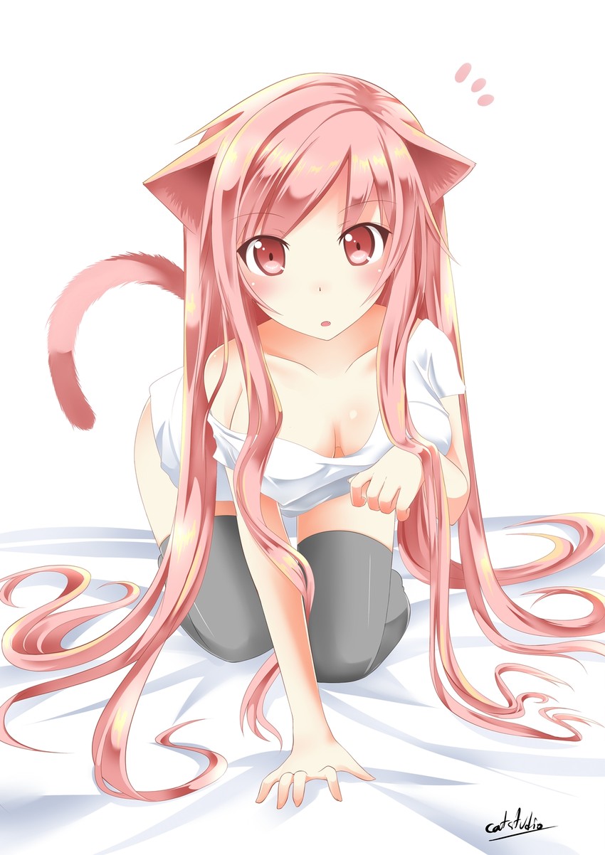 1girls all_fours breasts cat_ears catstudioinc_(punepuni) cleavage female long_hair original pink_eyes pink_hair puni_(miku_plus) solo surprised thighhighs white_shirt