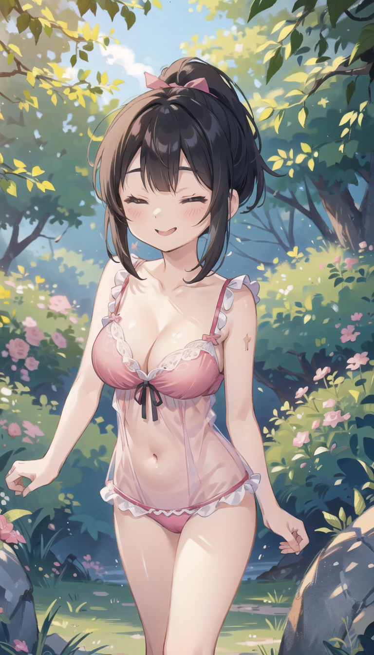 1girls :d ai_generated babydoll bangs bare_arms bare_shoulders black_hair blush bow bra breasts bush cleavage closed_eyes collarbone day facing_viewer flower forest frilled_panties frills grass hair_ribbon hairbow kaguya-sama_wa_kokurasetai_~tensai-tachi_no_renai_zunousen~ large_breasts lingerie medium_breasts natsuyoru nature navel open_mouth outdoors panties pink_bow pink_bra pink_flower pink_panties pink_ribbon ponytail ribbon rock see-through shinomiya_kaguya sidelocks sky smile solo standing stomach teeth thighs tree underwear underwear_only