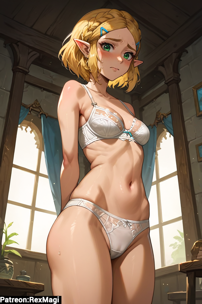 ai_generated arms_behind_back bedroom blonde_hair camel_toe cameltoe elf_ears elf_girl embarrassed embarrassed_female female green_eyes hairclip innocent lace_bra lace_panties looking_at_viewer perfect_body pointy_ears princess_zelda short_hair thick_thighs thighs underwear virgin waiting_for_sex white_bra white_panties zelda_(breath_of_the_wild) zelda_(tears_of_the_kingdom)