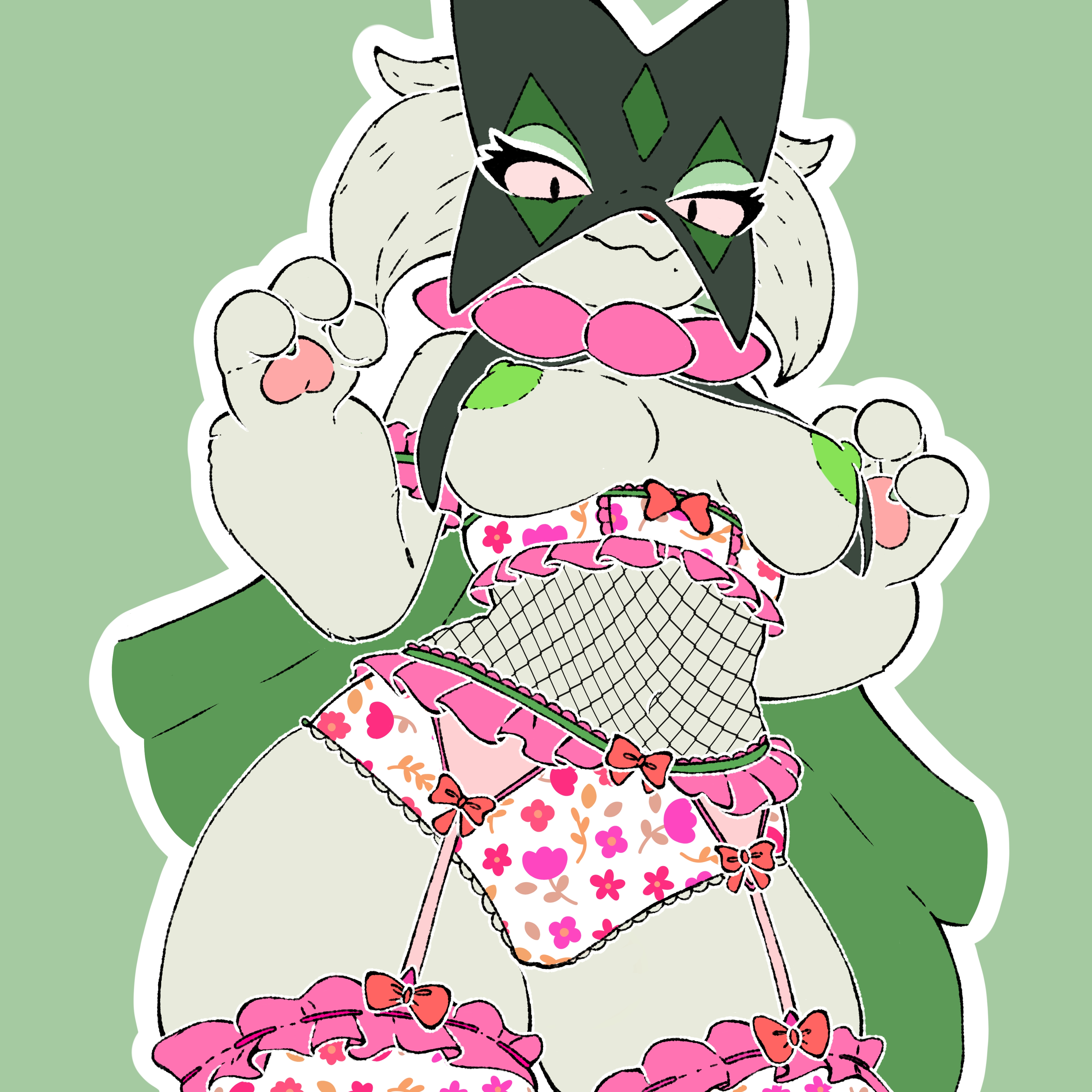 breasts, breasts bigger than head, breasts out, clothing, exposed breasts, female, fishnets, frilled panties, furry, lingerie, lingerie only, lingerie panties, looking at viewer, meowscarada, panties, pokemon, pokemon (species), print panties, sharalythesheep, white panties