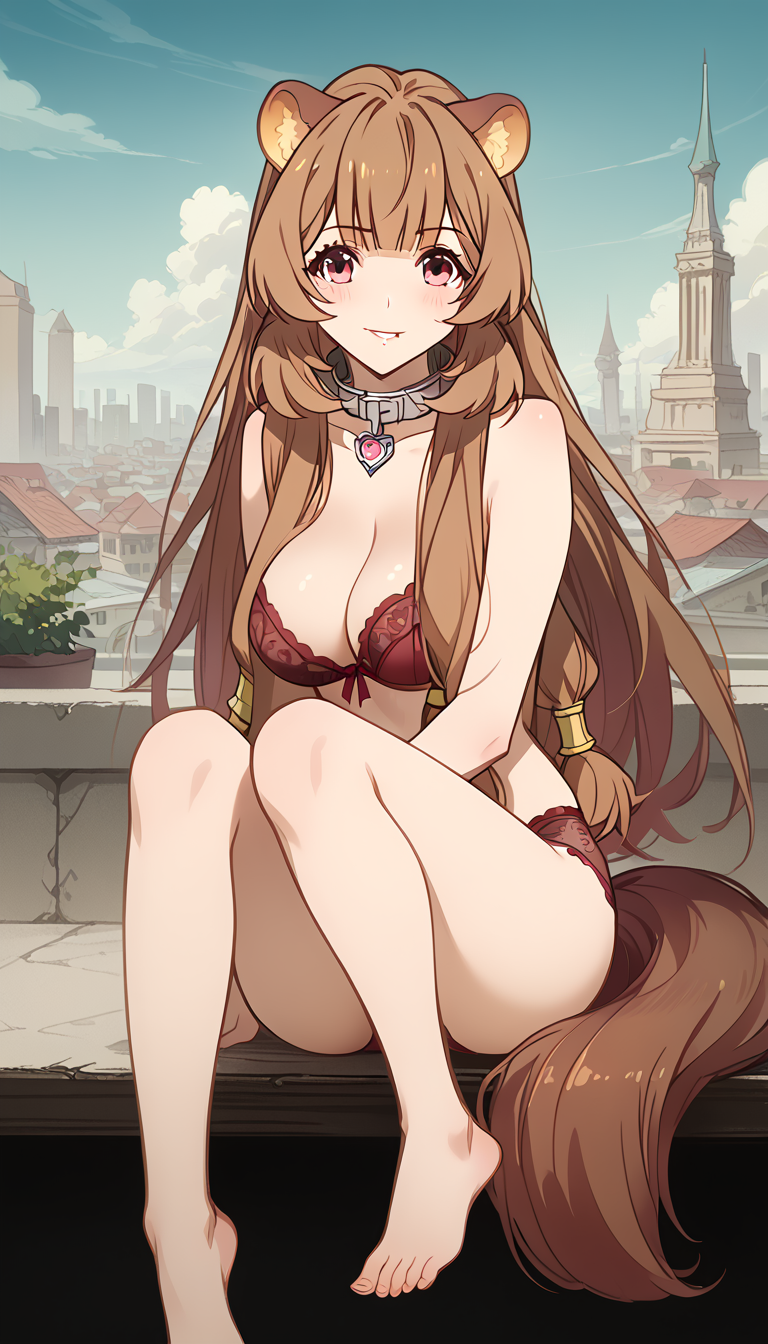 1girls ai_generated animal_ear_fluff animal_ears bangs bare_legs bare_shoulders barefoot blue_sky blunt_bangs blush bra breasts brown_hair building city cleavage closed_mouth cloud collar collarbone day feet full_body hair_tubes heart knees_up lace-trimmed_bra lace_trim large_breasts legs lingerie long_hair looking_at_viewer medium_breasts metal_collar natsuyoru outdoors panties parted_lips pink_eyes raccoon_ears raccoon_girl raccoon_tail raphtalia red_bra red_eyes red_panties sidelocks sitting sky smile solo tail tate_no_yuusha_no_nariagari the_rising_of_the_shield_hero thighs toenails toes town underwear underwear_only very_long_hair