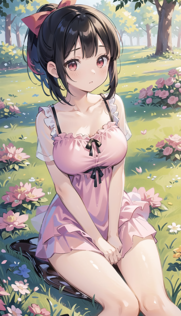 1girls ai_generated bag bangs bare_shoulders between_legs black_footwear black_hair blush bow breasts bush cleavage closed_mouth collarbone day dress feet_out_of_frame flower forest frilled_dress frills grass hair_ribbon hairbow hand_between_legs hands_on_lap kaguya-sama_wa_kokurasetai_~tensai-tachi_no_renai_zunousen~ knees_together_feet_apart large_breasts looking_at_viewer medium_breasts natsuyoru nature on_grass outdoors parted_lips pink_bow pink_dress pink_eyes pink_flower ponytail red_bow red_eyes ribbon see-through see-through_sleeves shinomiya_kaguya short_dress short_hair short_sleeves sidelocks sitting sleeveless sleeveless_dress solo spaghetti_strap thighs tree v_arms