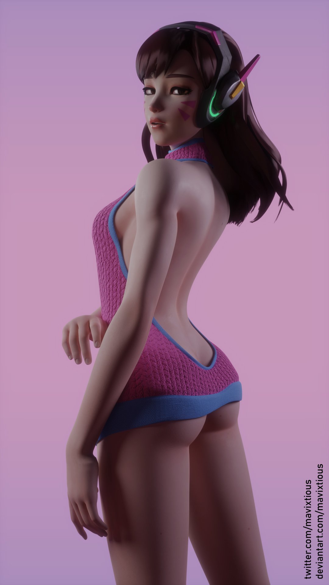 1girls, 3d, ass, blender, d.va, female, female only, looking at viewer, looking back, mavixtious, overwatch, solo, virgin killer sweater