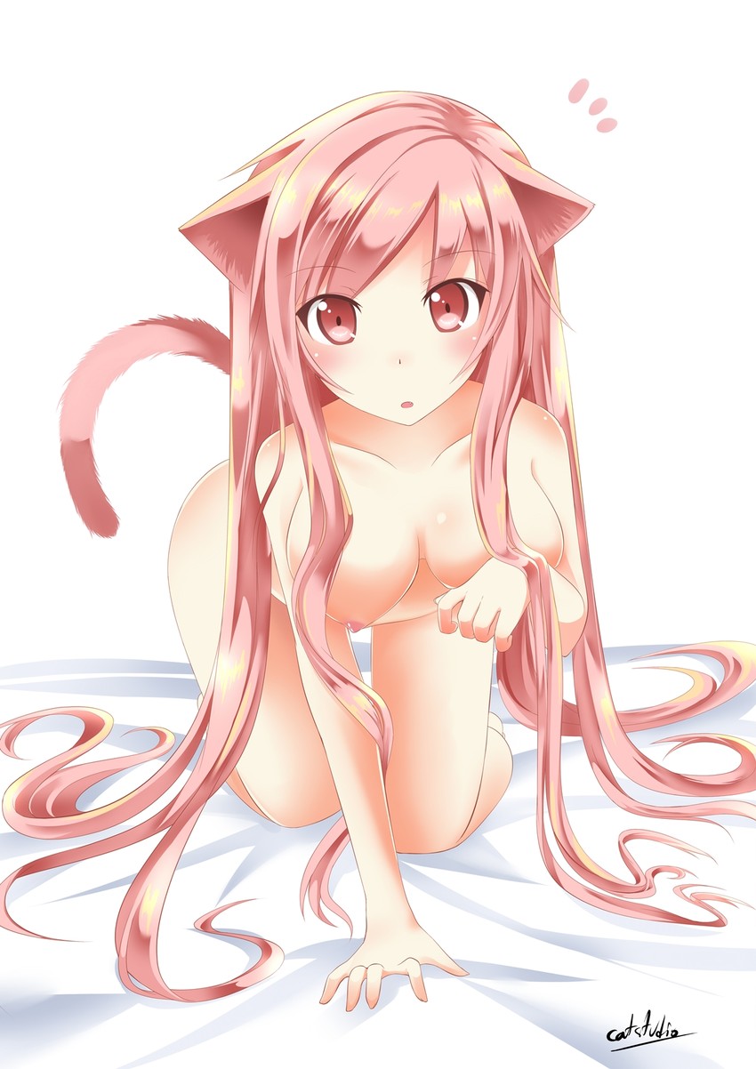 1girls all_fours breasts cat_ears catstudioinc_(punepuni) female looking_at_viewer nipples nude original pink_eyes pink_hair puni_(miku_plus) solo surprised