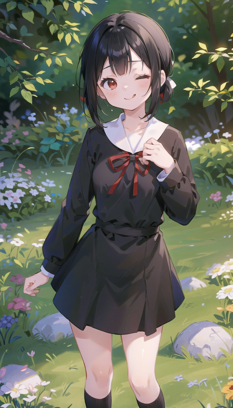 1girls :q ;p ;q ai_generated bangs black_dress black_hair black_skirt black_socks blue_flower blush bow breasts bush closed_mouth collarbone collared_dress day dress feet_out_of_frame flower grass hair_ribbon hand_up kaguya-sama_wa_kokurasetai_~tensai-tachi_no_renai_zunousen~ kneehighs leaf long_sleeves looking_at_viewer natsuyoru nature neck_ribbon one_eye_closed outdoors pink_flower red_eyes red_ribbon ribbon rock sailor_collar school_uniform shinomiya_kaguya short_hair shuuchiin_academy_school_uniform sidelocks skirt smile socks solo standing tongue tongue_out tree white_collar white_flower white_sailor_collar yellow_flower