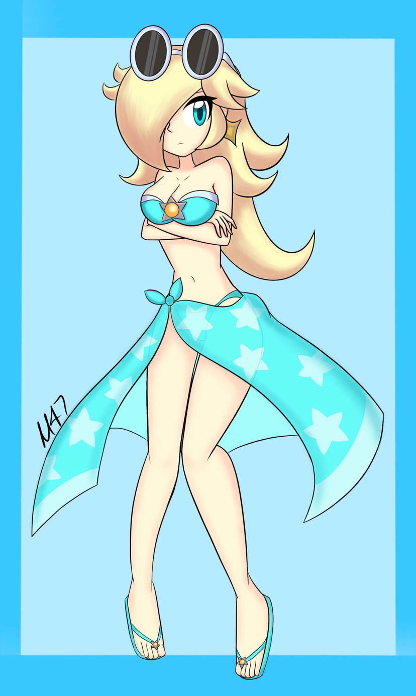 1girls bikini blonde_hair blue_bikini blue_eyes blue_sarong blue_swimsuit breasts earrings flip_flops hair_over_one_eye large_breasts long_hair looking_at_viewer m-d-47 mario_(series) midriff navel nintendo princess_rosalina sandals sarong star_earrings sunglasses sunglasses_on_head swimsuit