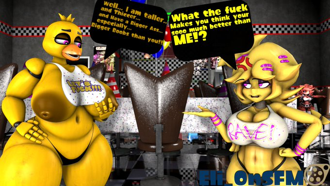 2girls 3d 3d_(artwork) areolae big_breasts breasts cally3d chica_(cally3d) chica_(fnaf) chiku chiku_(cryptia) clazzey clothed clothed_female cryptiacurves eli_onsfm fazclaire's_nightclub female female_only five_nights_at_freddy's fredina's_nightclub mishuyuu nipples