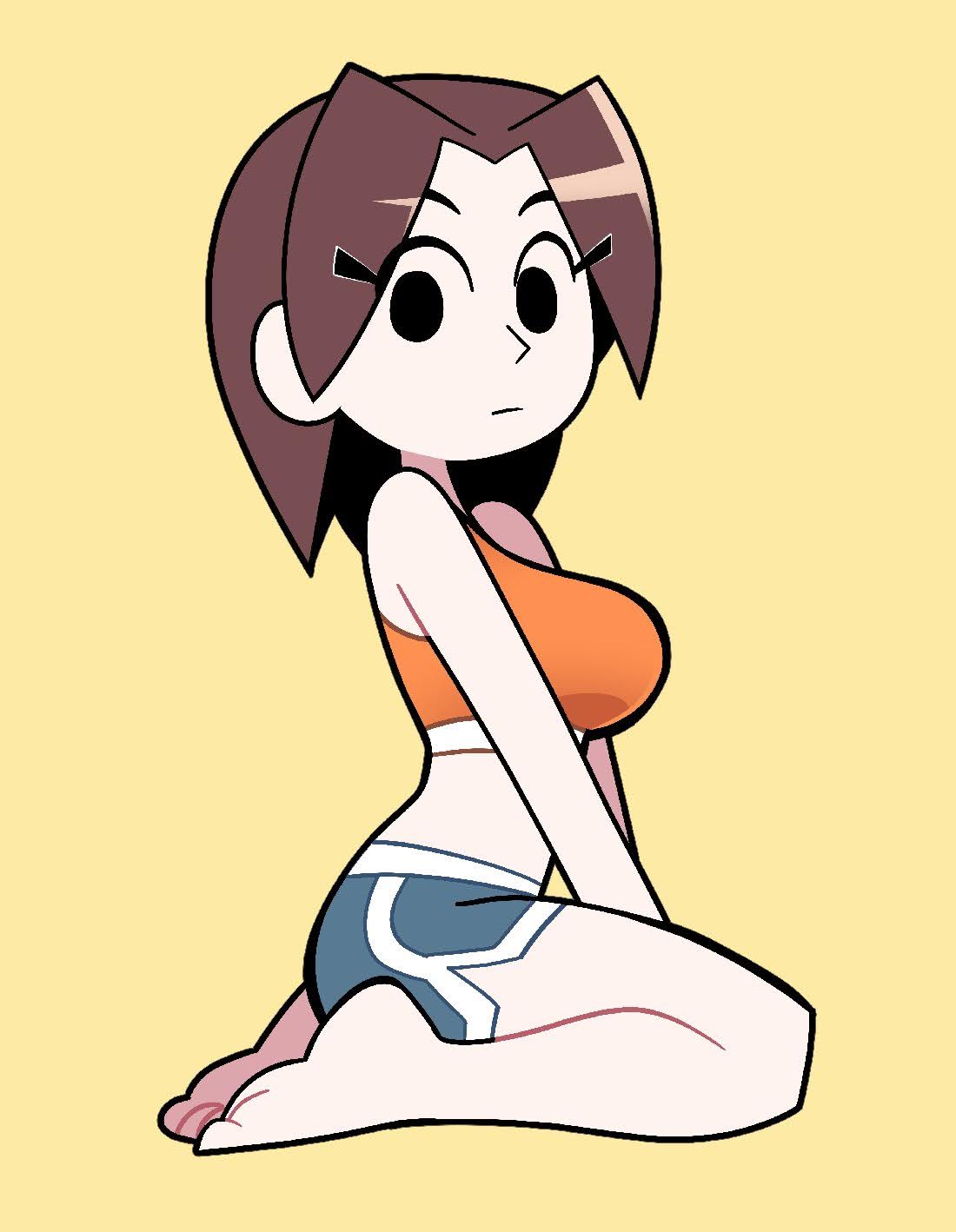 1girls, 2d, 2d (artwork), ass, bare feet, bare shoulders, barefoot, belly, bent legs, black eyes, bra, breasts, brown hair, closed mouth, clothing, crop top, dolphin shorts, feet, female, gym clothes, gym clothing, hand between legs, hourglass figure, large breasts, light skin, light-skinned female, looking at viewer, looking to the side, medium breasts, medium hair, midriff, mii, mii gunner, mii gunner (smash 4), neutral expression, nintendo, orange shirt, parted bangs, ponytail, scottfalco (artist), short shorts, shorts, simple background, sitting, slim waist, soles, solo, sports bra, sportswear, straight hair, super smash bros., tank top, thighs, toes, underwear, v arms, wariza, wide hips, yellow background