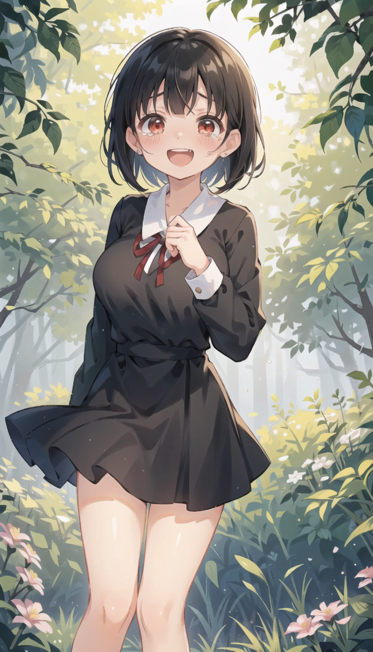 1girls :d ai_generated bangs black_dress black_hair blush breasts brown_eyes bush collarbone collared_dress collared_shirt crying crying_with_eyes_open day dress earrings feet_out_of_frame flower forest hand_up jewelry kaguya-sama_wa_kokurasetai_~tensai-tachi_no_renai_zunousen~ large_breasts leaf long_sleeves looking_at_viewer medium_breasts natsuyoru nature neck_ribbon oerba_yun_fang open_mouth outdoors pink_flower pleated_dress red_eyes red_ribbon ribbon school_uniform shinomiya_kaguya shirt short_hair shuuchiin_academy_school_uniform skirt smile solo standing tearing_up tears teeth thighs tree upper_teeth_only