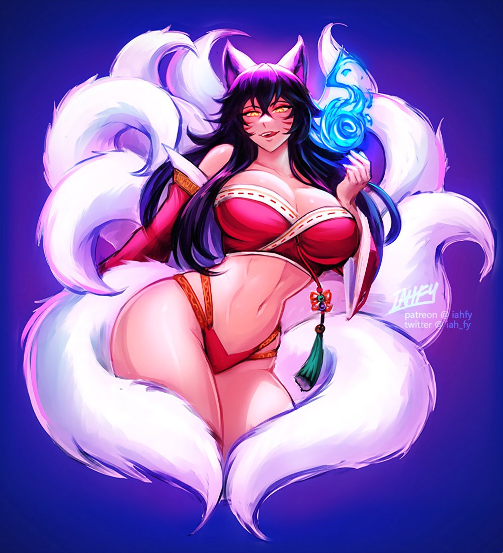 1girls 2024 ahri black_hair breasts_out default_ahri female female_only flame iahfy large_breasts league_of_legends licking_lips light-skinned_female light_skin looking_at_viewer nipples solo tail yellow_eyes