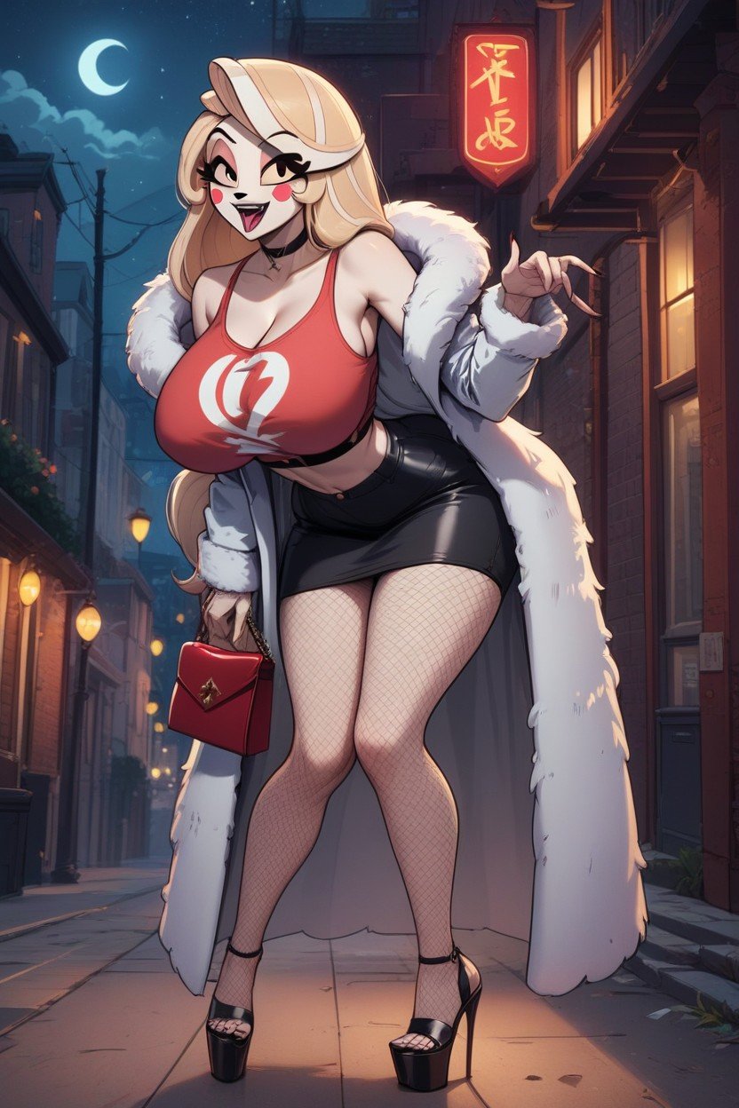 ai_generated ai_hands alleyway city cropped_legs fishnet_legwear furcoat hand_bag hand_gesture hazbin_hotel hell helluva_boss large_ass massive_breasts no_sex platform_heels posing_for_the_viewer prostitution skirt slutty_outfit street_hooker