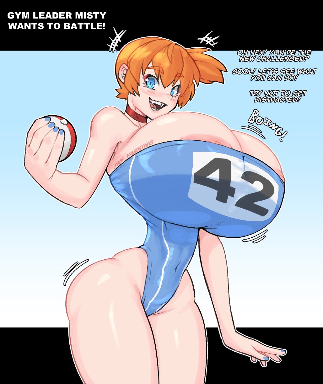 alternate_breast_size asymmetrical_hair blue_eyes breasts choker cleavage covered_navel creatures_(company) curvy english_text female female_focus game_freak gym_leader highleg highres holding holding_poke_ball huge_breasts kasumi_(pokemon) large_breasts looking_at_viewer navel nintendo nipples one-piece_swimsuit open_mouth orange_hair poke_ball poke_ball_(basic) pokemon pokemon_rgby ponytail red_choker short_hair side_ponytail smile solo standing strapless swimsuit the_varking thick_thighs thighs wide_hips