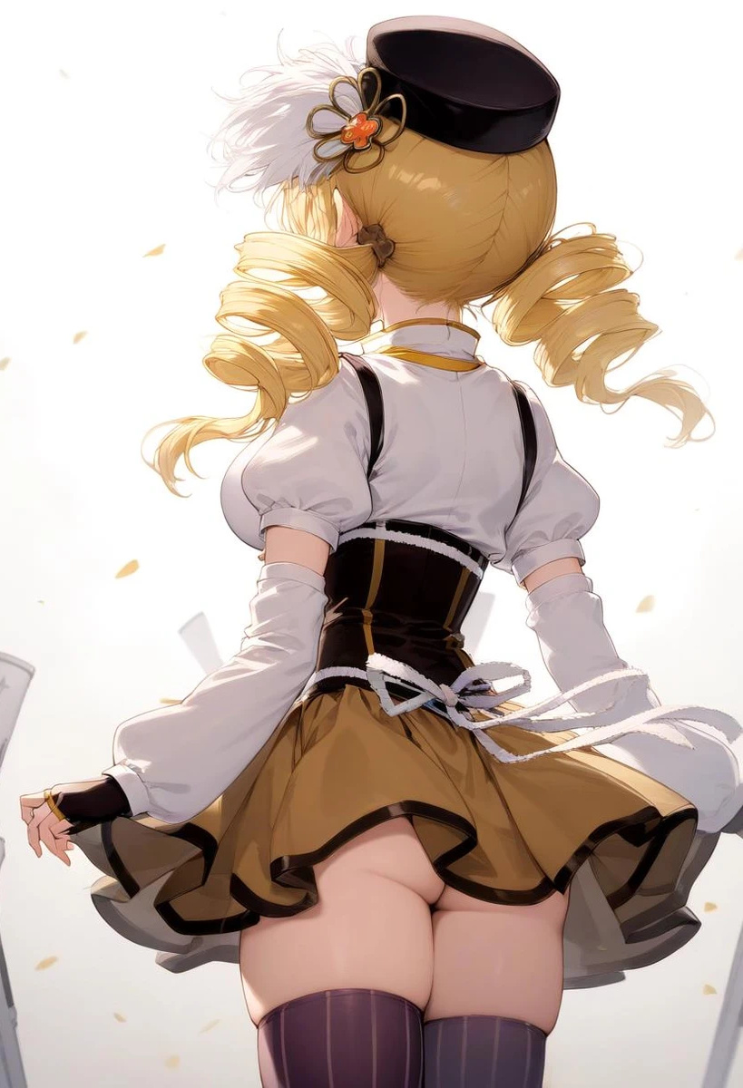 ai_generated back_view bare_thighs big_ass big_butt blonde_hair dat_ass fat_ass gigantic_ass huge_thighs isk light-skinned_female light_skin magical_girl mahou_shoujo_madoka_magica mami_tomoe massive_ass no_panties solo_female squatting stockings sweat sweatdrop thick_thighs thighs twintails upskirt voluptuous voluptuous_female