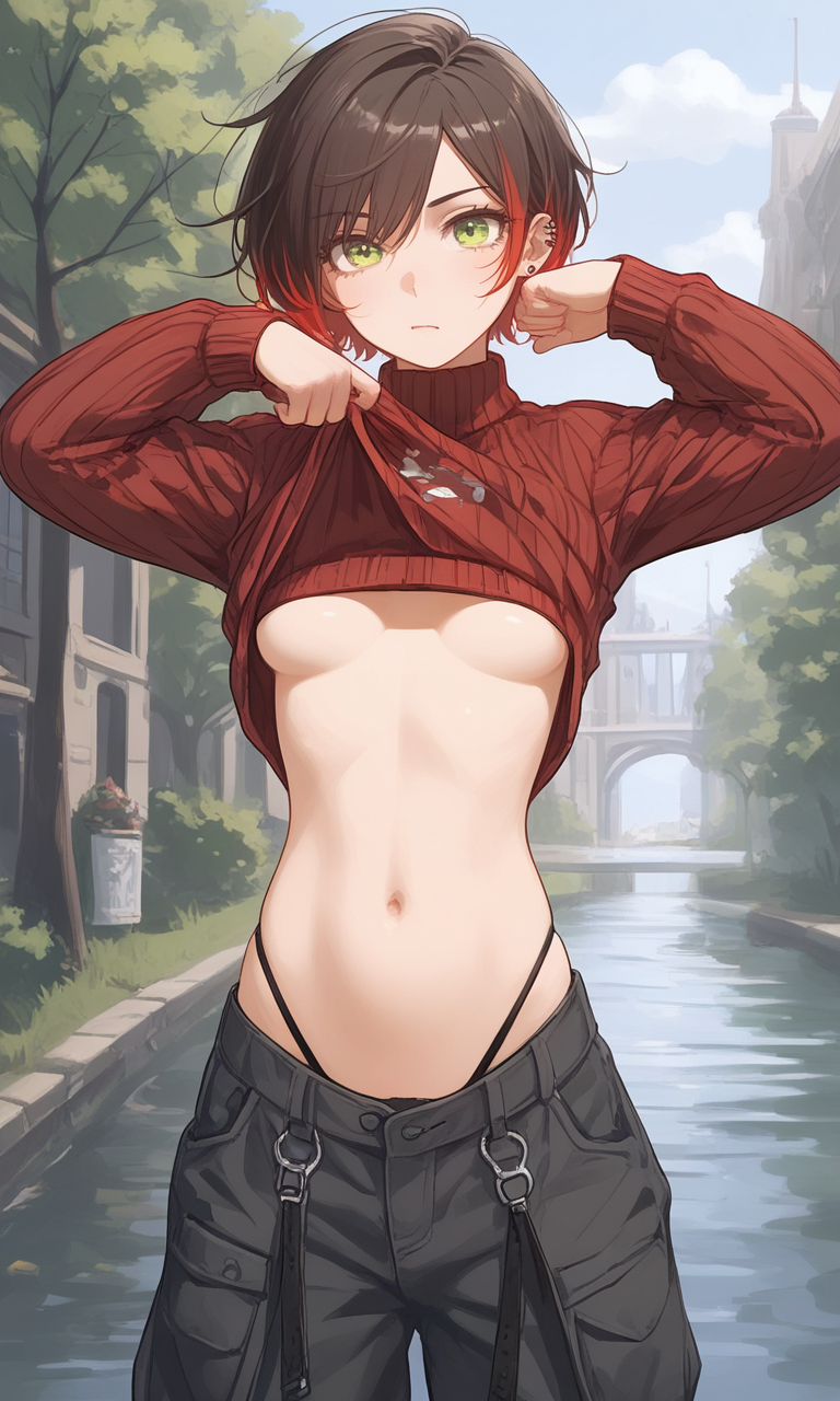 ai_generated baggy_clothing brown_hair canal cargo_pants cropped_sweater female france green_eyes loose_clothes midriff multicolored_hair navel original_character paris red_hair short_hair sweater tattoo thong thong_straps tomboy underboob