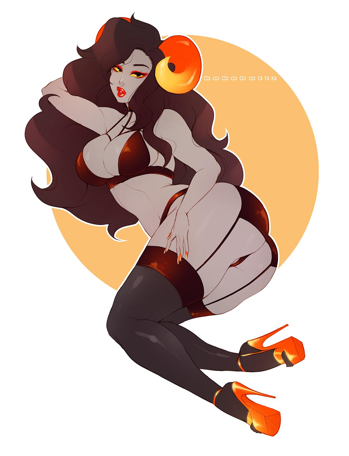 1girls 2019 aradia_megido artist_name ass big_breasts black_hair bra breasts clothing female female_only grey_skin hair high_heels homestuck horns kokobuttz long_hair ms_paint_adventures panties red_lips solo thighhighs troll watermark white_background yellow_eyes yellow_nails