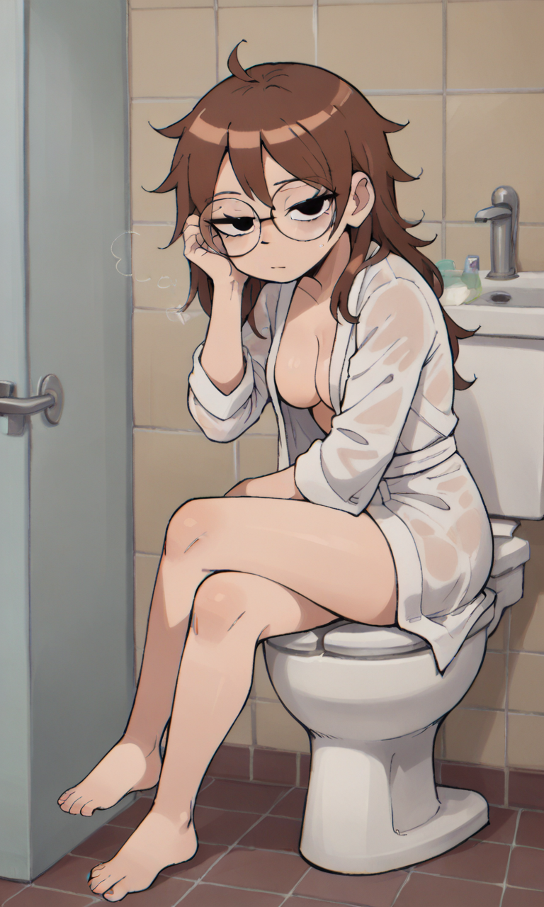 ai_generated ass barefoot bigmic145 bra breasts brown_hair cleavage clothed clothed_female clothing female female_only glasses julie_powers messy_hair naked_robe netflix open_robe robe scott_pilgrim scott_pilgrim_takes_off see-through solo_female wet