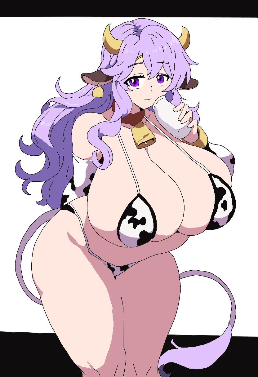 big_breasts bikini breasts cow_bikini cow_ears cow_girl cow_horns cow_print cow_print_armwear cow_print_bikini cow_print_thighhighs cow_tail cowbell deirdre_(fire_emblem) fire_emblem fire_emblem:_genealogy_of_the_holy_war huge_breasts long_hair milk milk_bottle purple_eyes purple_hair tanukisan9997 thick_thighs thighs white_background