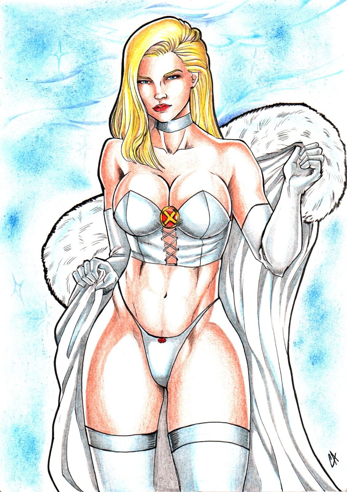 blonde_female blonde_hair blue_eyes breasts carlos_andre cleavage corset ed_benes_studio emma_frost hellfire_club large_breasts marvel marvel_comics panties white_queen x-men