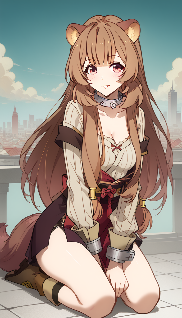 1girls ai_generated animal_ear_fluff animal_ears bangs between_legs blue_sky blunt_bangs blush boots breasts brown_dress brown_footwear brown_hair brown_shirt building city cityscape cleavage closed_mouth cloud collar collarbone cuffs day dress full_body hand_between_legs handcuffs kneeling long_hair long_sleeves looking_at_viewer medium_breasts metal_collar natsuyoru outdoors parted_lips raccoon_ears raccoon_girl raccoon_tail raphtalia red_eyes ribbed_shirt ribbed_sweater rooftop seiza shackles shirt sidelocks sitting skirt sky smile socks solo sweater tail tate_no_yuusha_no_nariagari the_rising_of_the_shield_hero thighs very_long_hair