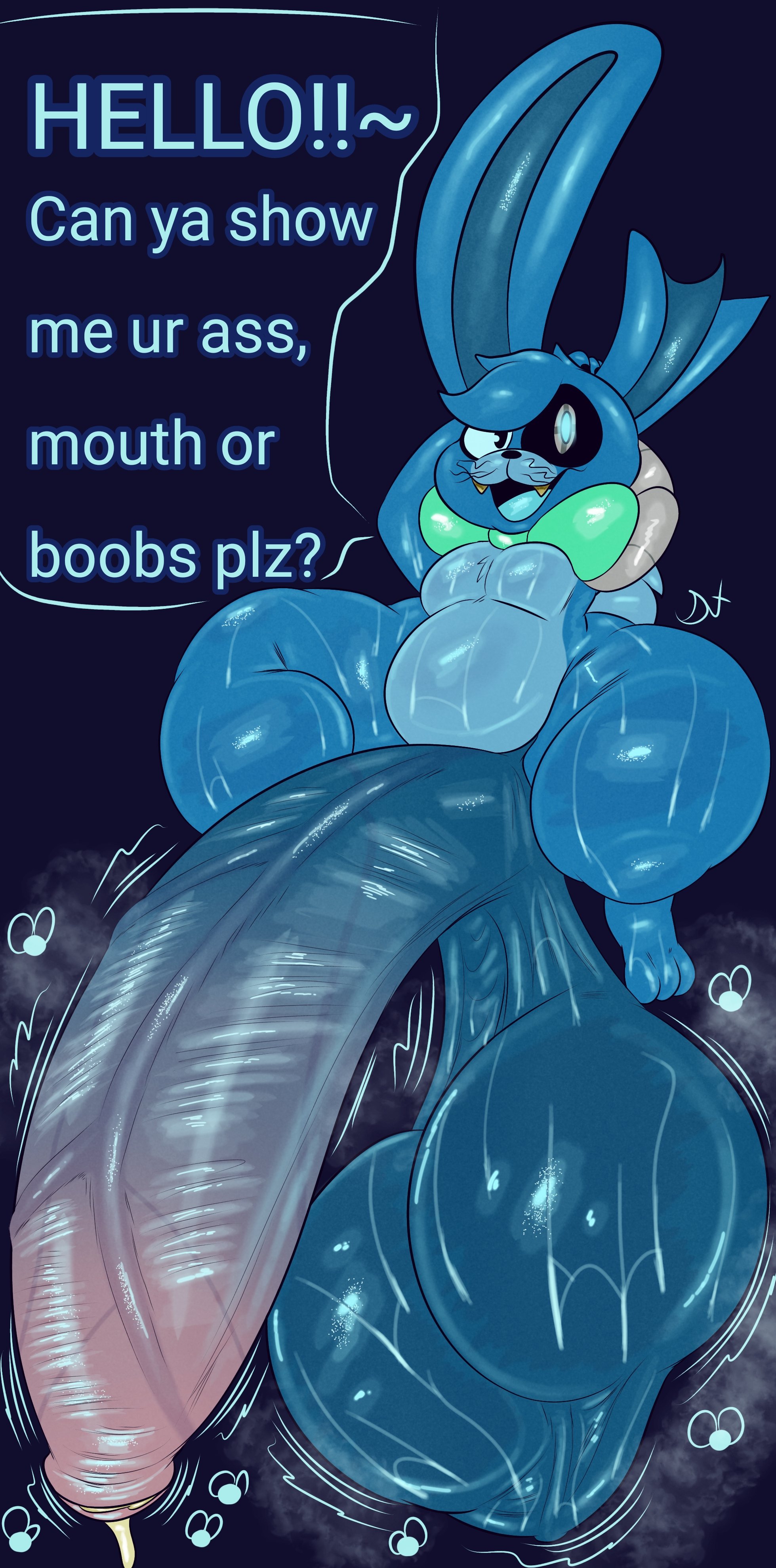 balls, ben (plushtrapboyuwu), bfad, big balls, big penis, blue body, eyes, fat legs, flies, front view, hands behind head, heterochromia, huge balls, huge cock, hyper balls, hyper penis, looking at viewer, male, male only, open mouth, penis, plushgl1x, plushtrapboyuwu, precum, rabbit, rabbit ears, sharp teeth, steam, sweat, sweaty balls, sweaty body, tagme, text, torn ear