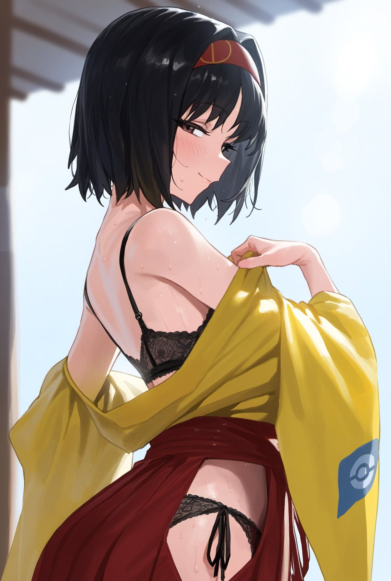 1girls ai_generated ass black_hair brown_eyes erika_(pokemon) japanese_clothes kimono panties pokemon pokemon_frlg red_hairband tagme underwear