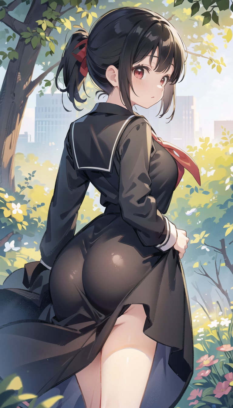 1girls ai_generated ass bangs big_ass black_dress black_hair black_sailor_collar black_serafuku black_shirt black_skirt blush bow breasts building bush closed_mouth clothes_lift day dress dress_lift flower from_behind hair_ribbon hairbow kaguya-sama_wa_kokurasetai_~tensai-tachi_no_renai_zunousen~ long_sleeves looking_at_viewer looking_back medium_breasts natsuyoru neckerchief no_humans no_panties outdoors ponytail red_bow red_eyes red_neckerchief red_ribbon ribbon sailor_collar sailor_dress school_uniform serafuku shinomiya_kaguya shirt short_hair short_ponytail sidelocks skirt skirt_hold skirt_lift sky solo standing thighs tree