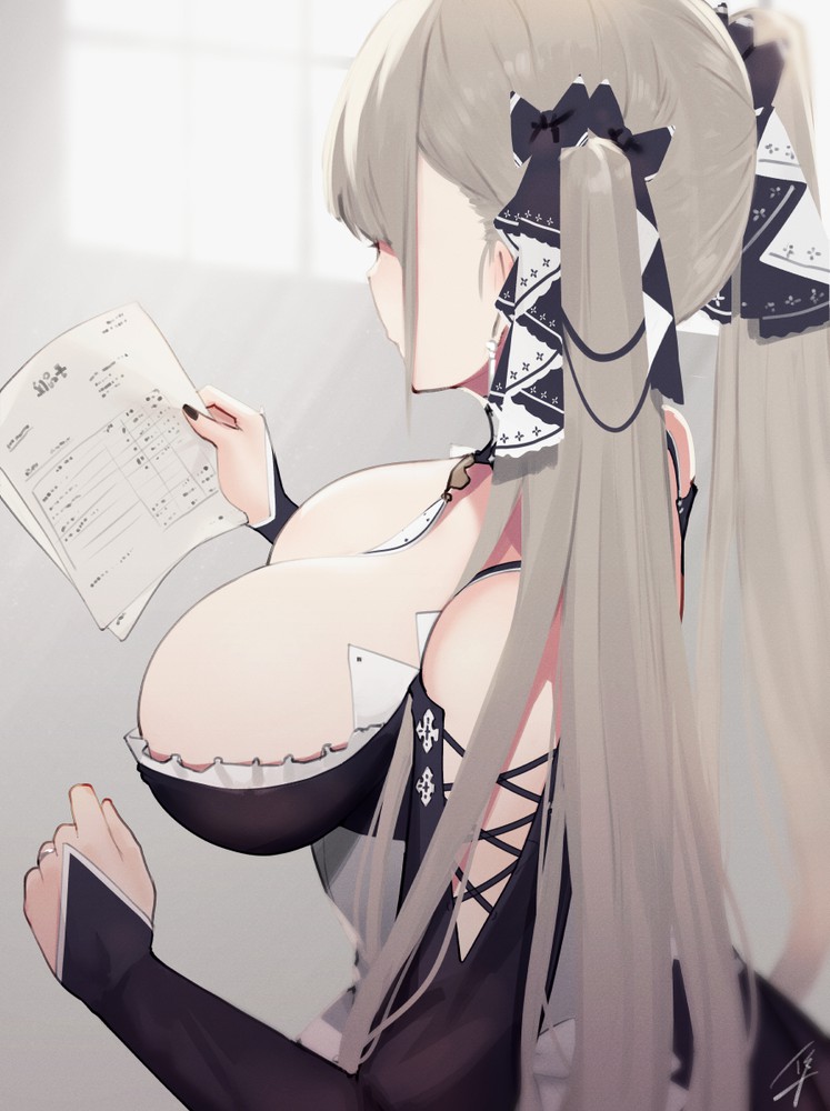 1girls azur_lane cleavage female female_only formidable_(azur_lane) from_side huge_breasts indoor letter long_hair outfit solo white_hair