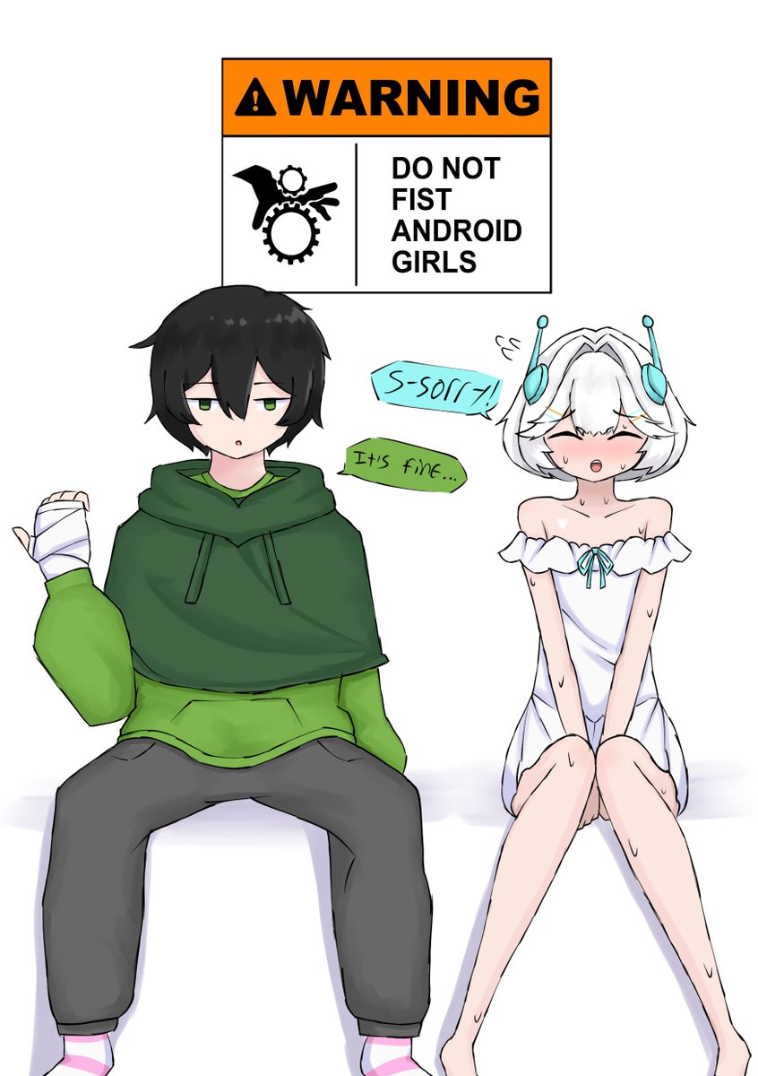 1boy, 1girls, 2d, android girl, bandages, bare arms, bare legs, bare shoulders, bare thighs, barefoot, black hair, black pants, blue bow, blush, blushing, breasts, collarbone, ellie minibot, english text, female, green eyes, green hoodie, hair ornament, male, meme, pink and white socks, small breasts, sweat, sweating, sweaty, szpecter, tagme, text, twitch, vedal987, virtual youtuber, vtuber, warning sign, white dress, white hair