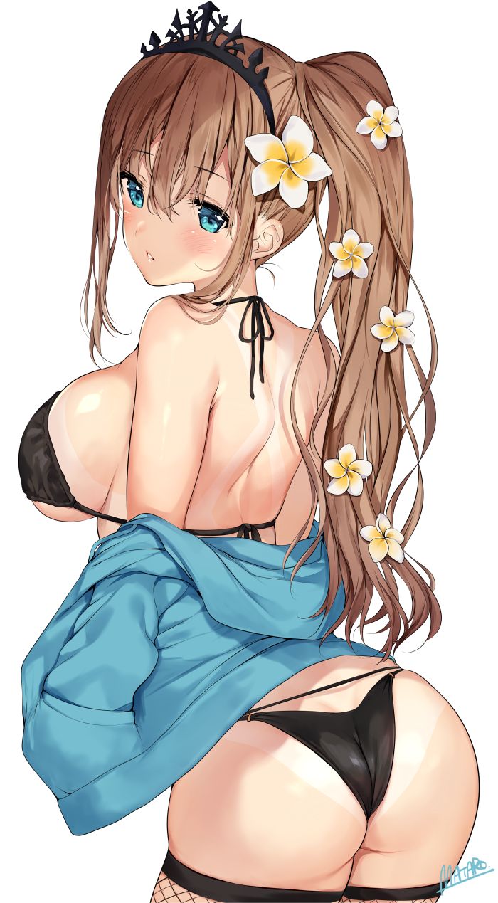 1girls, ass, ass cleavage, ass crack, bangs, bikini, black bikini, black thighhighs, blue eyes, boobs and butt pose, breasts, brown hair, butt crack, character request, copyright request, cowboy shot, eyebrows visible through hair, female, female only, fishnet thighhighs, fishnets, flower in hair, headdress, large breasts, long hair, mataro (matarou), ponytail, sideboob, solo female, tanline, thighhighs, underboob