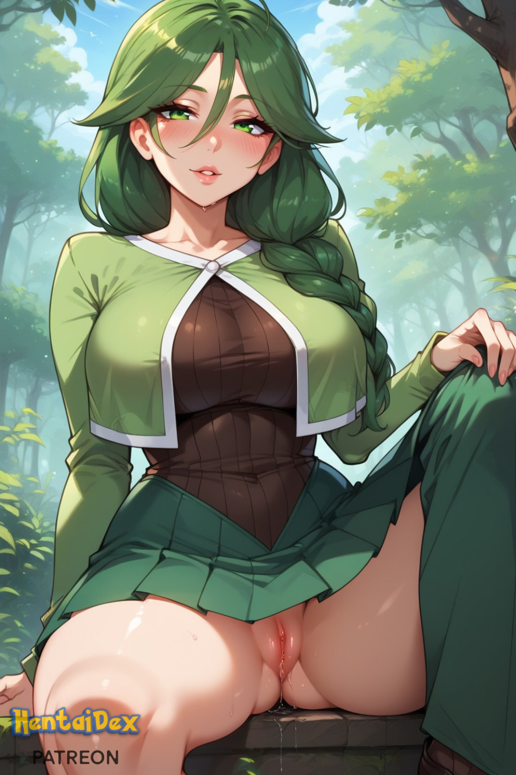 ai_generated bangs blush braid breasts cheryl_(pokemon) clothes_lift day female green_eyes green_hair hair_between_eyes hentaidex hentaidexfuta large_breasts lifted_by_self long_hair long_sleeves looking_at_viewer no_panties outdoors parted_lips patreon patreon_username pokemon pussy pussy_juice single_braid skirt skirt_lift smile solo thighs uncensored