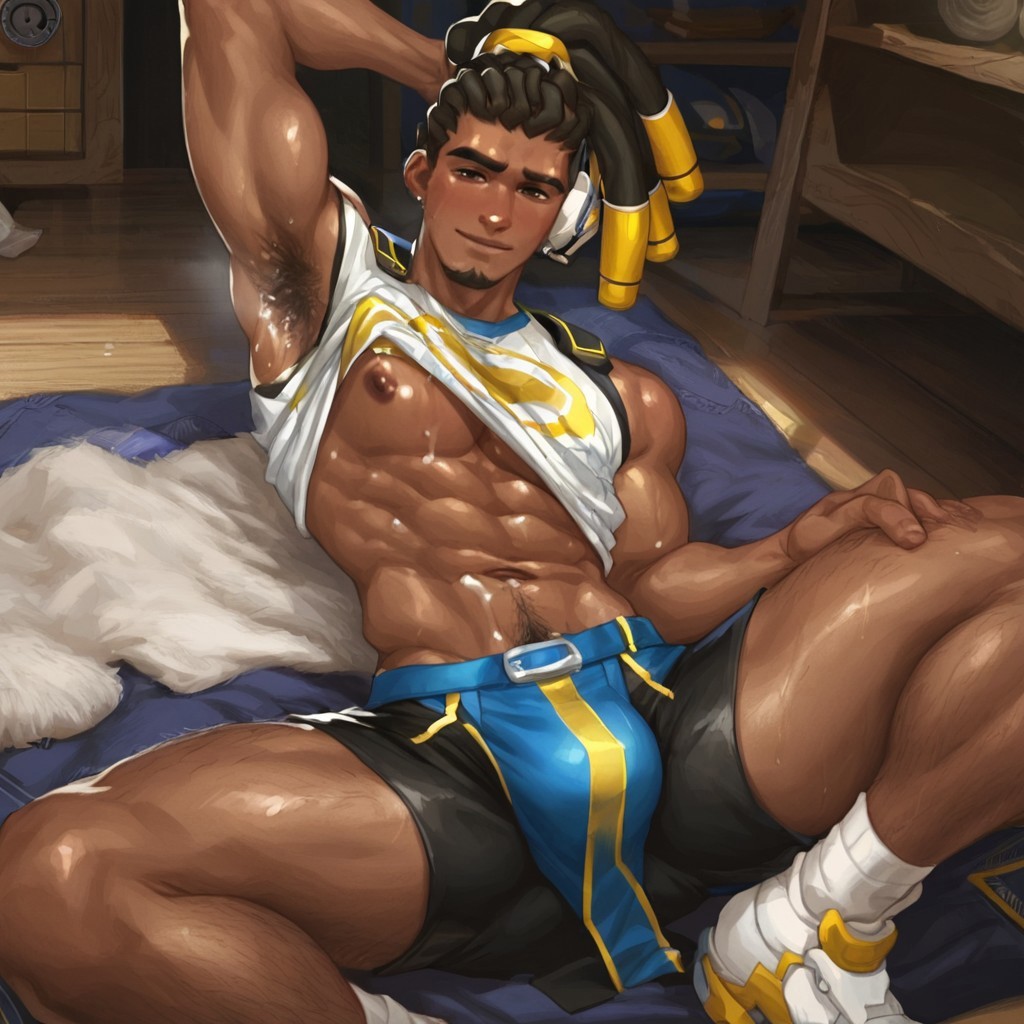 1boy abs ai_generated armpit_hair armpits arms_behind_head beansaa biceps black_body bulge bulge_through_clothing civitai cum_on_body dark-skinned_male dark_skin happy_trail lúcio large_pectorals large_thighs lifted_shirt looking_at_viewer lucio_(overwatch) male male_focus male_only muscular muscular_male oil oiled overwatch overwatch_2 pecs pubic_hair shorts smirk solo solo_male wet wet_skin