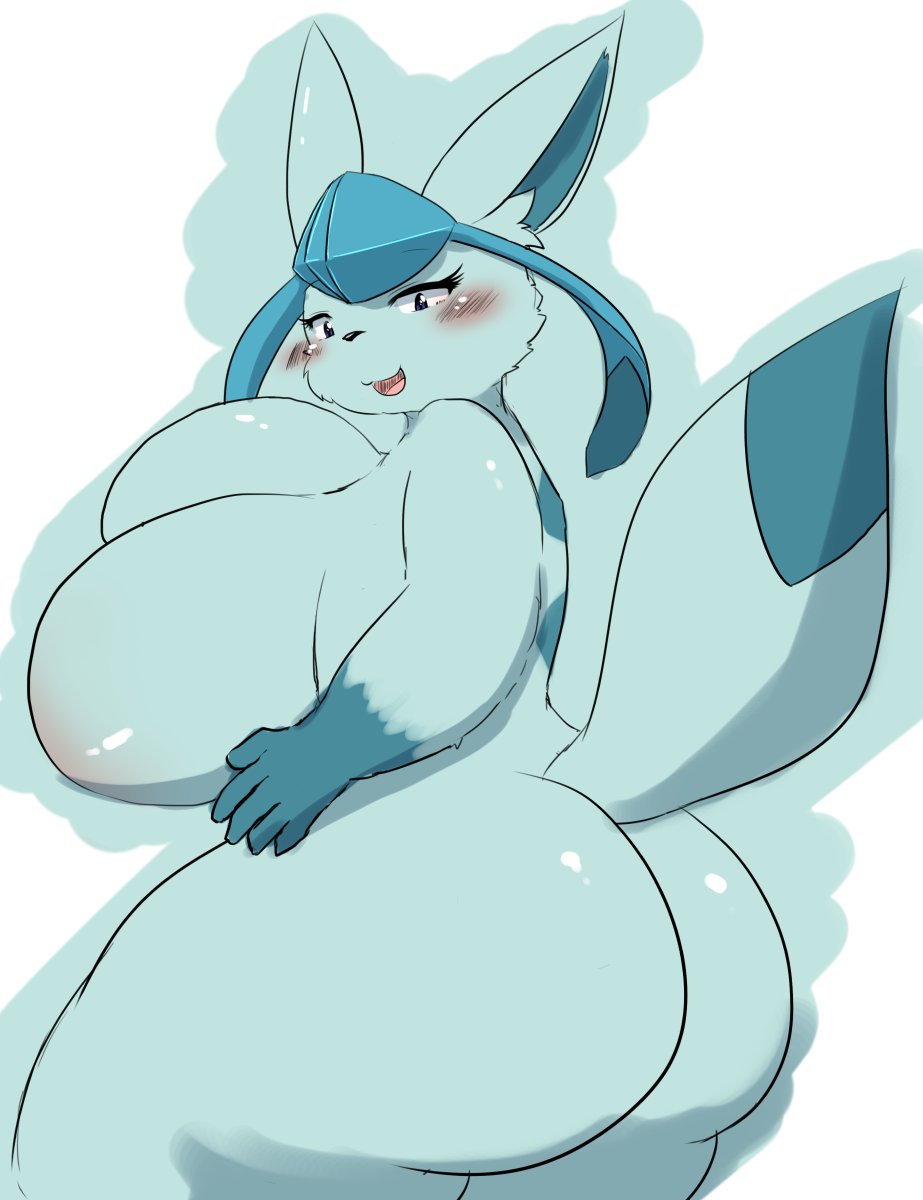 anthro anthrofied ass big_breasts big_butt black_outline blue_body blue_butt blue_tail blush breasts canid chubby digital_media_(artwork) eeveelution female generation_4_pokemon glaceon glistening glistening_body glistening_butt hi_res huge_breasts kify mammal nintendo nude outline pokemon pokemon_(species) pokemorph shaded simple_background smile solo tail