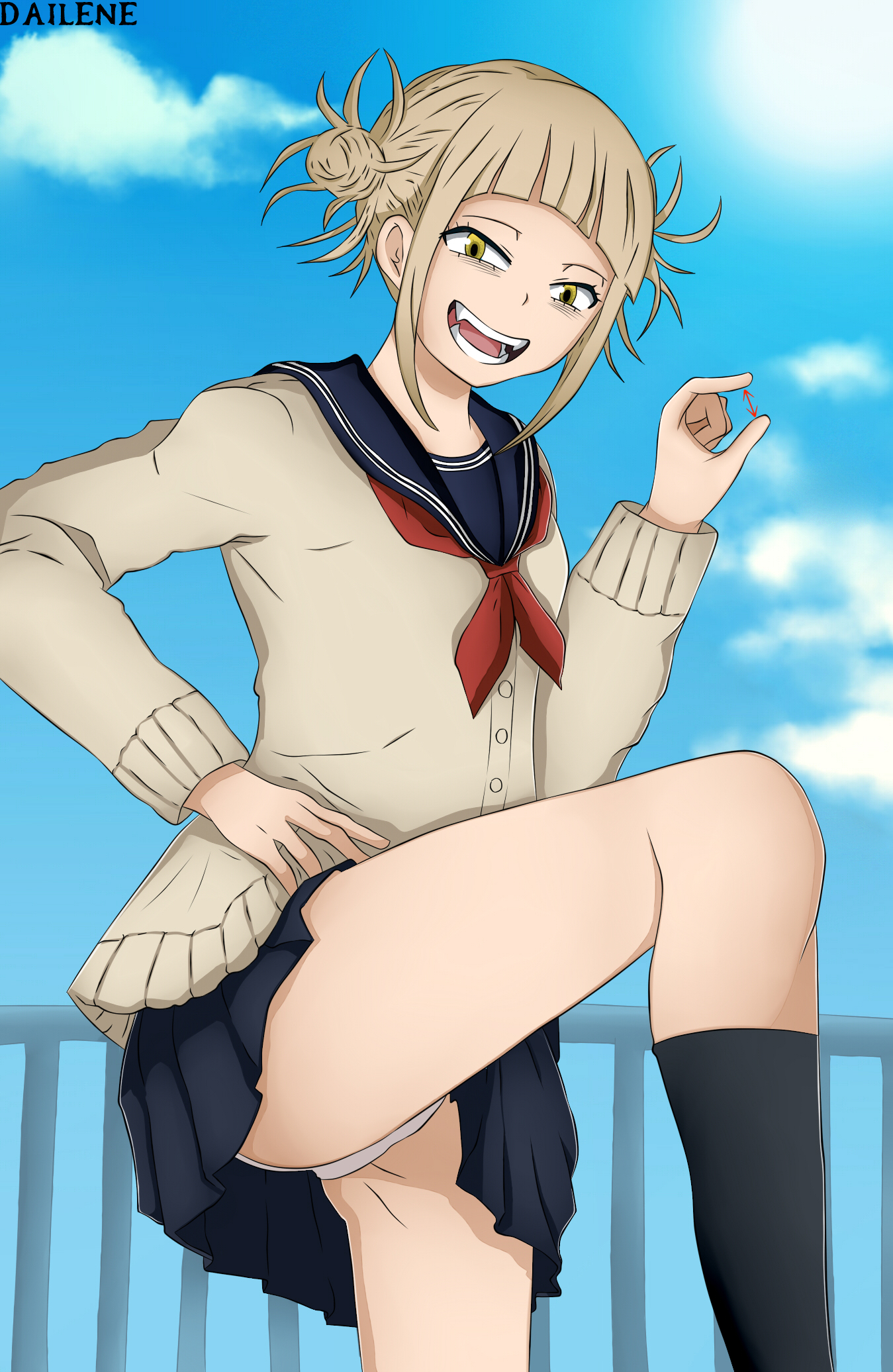 1girls, 2019, artist name, ass, bags under eyes, bare legs, black socks, blonde, blonde hair, blue background, blue skirt, breasts, cardigan, clothed, clothed female, clothes, cloud, clouds, color, dailene, day, digital media (artwork), double bun, eye contact, female, female domination, female focus, female only, femdom, fence, flat chest, grin, hair, hair bun, half-closed eyes, himiko toga, human, humiliated, humiliation, knee socks, kneehighs, kneesocks, leg lift, leg up, legs, light skin, light-skinned female, looking at viewer, looking down, male, motion lines, my hero academia, open mouth, outdoors, outside, panties, pantyshot, pantyshot (standing), penis, pinching gesture, pov, pov eye contact, railing, school uniform, schoolgirl, schoolgirl uniform, seifuku, sharp teeth, shirt, short hair, shounen jump, skirt, sky, small penis gesture, small penis humiliation, smile, socks, solo, spread legs, standing, standing on one leg, sweater, teeth, text, thick thighs, tongue, uniform, upskirt, watermark, white panties, wide hips, yandere, yellow eyes