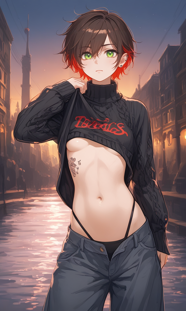 ai_generated baggy_clothing brown_hair canal cargo_pants cropped_sweater female france green_eyes loose_clothes midriff multicolored_hair navel original_character paris red_hair short_hair sweater tattoo thong thong_straps tomboy underboob