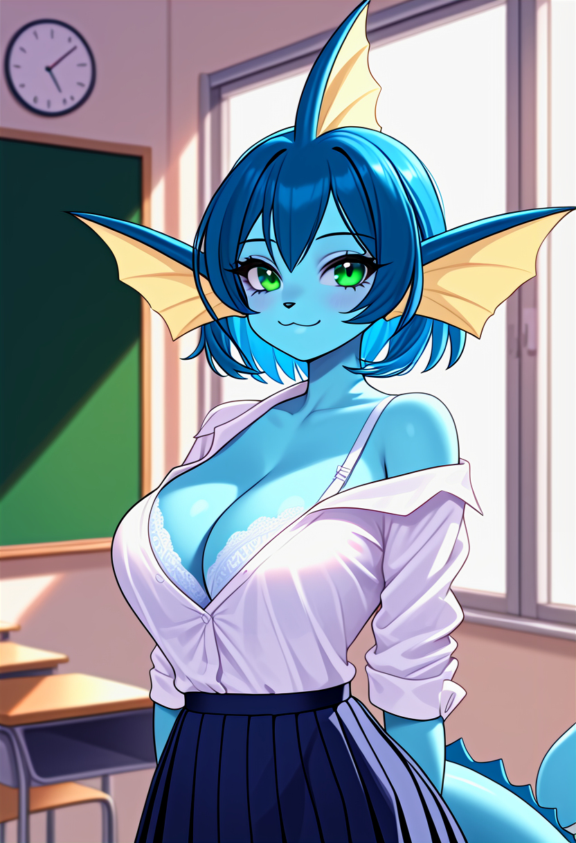 :3 ai_generated anthro big_breasts blue blue_body blue_hair blue_skin blue_skinned_female bra breasts cleavage female furry game_freak gamefreak green_eyes kemonogirls large_breasts nintendo open_shirt pleated_skirt pokemon pokemon_(species) school_uniform solo underwear vaporeon