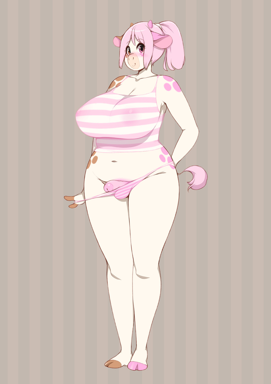 anthro big_breasts bovid bovine breasts cattle clothing crop_top genitals gynomorph hair heterochromia hi_res hooved_toes hooves horn huge_breasts intersex long_ears mammal miupix navel panties penis purple_hair shirt solo tail topwear underwear