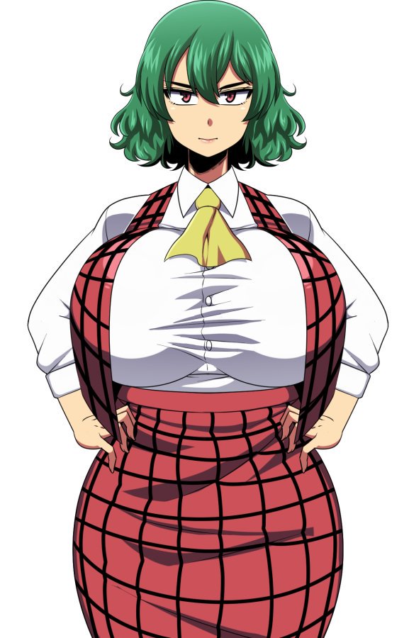 amazon (taitaitaira), big breasts, breasts, female, green hair, huge breasts, red eyes, thick thighs, touhou, yuka kazami