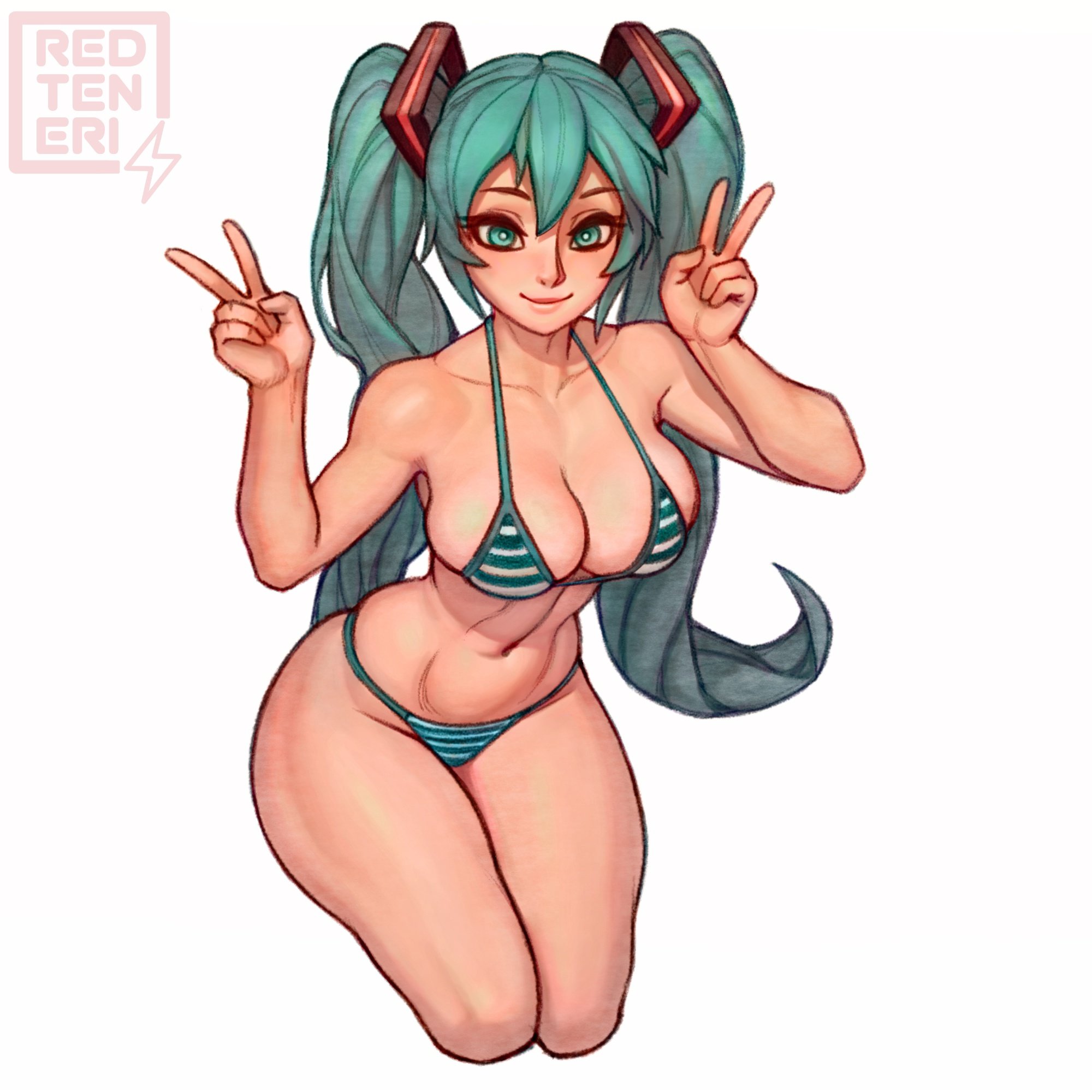 1girl, 1girls, aqua eyes, aqua hair, ass, belly, belly button, big ass, big breasts, bikini, blue eyes, blue hair, breasts, cleavage, cropped legs, double v, female, female only, green eyes, hatsune miku, large breasts, long hair, looking at viewer, navel, redteneri, revealing clothes, simple background, smile, solo, solo female, striped, striped bikini, swimsuit, thick thighs, thighs, twintails, v, v sign, very long hair, vocaloid, white background