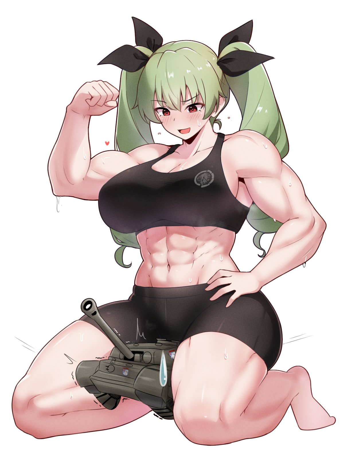 1girls abs athletic athletic_female biceps big_breasts blush breasts female female_focus female_only flexing giant_female giant_woman giantess girls_und_panzer green_hair green_hair_female light-skinned_male light_skin muscular muscular_female nakseo123 tank toned toned_female twintails