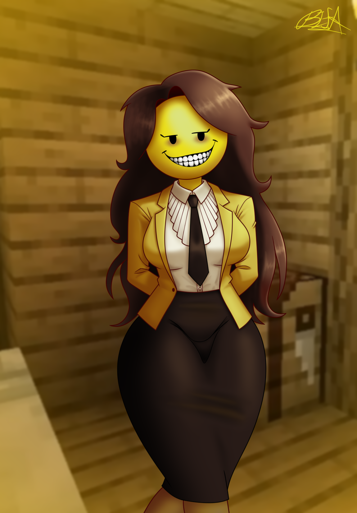 1female, 1girl, 1girls, alternate version available, arms behind back, ass bigger than head, bifa, big ass, big boobs, big breasts, big butt, big thighs, clothed, clothing, creepy smile, eye bags, long hair, mcyt, messy hair, microsoft, minecraft, minecraft (series), minecraft arg, minecraft youtubers, office clothing, round head, seductive eyes, smile, smiling, smiling at viewer, smooth skin, teeth, teeth showing, thick, thick ass, thick butt, thick hips, thick legs, thick thighs, thunder thighs, thunderthighs, tie, verity (thatmob), yellow body, yellow skin