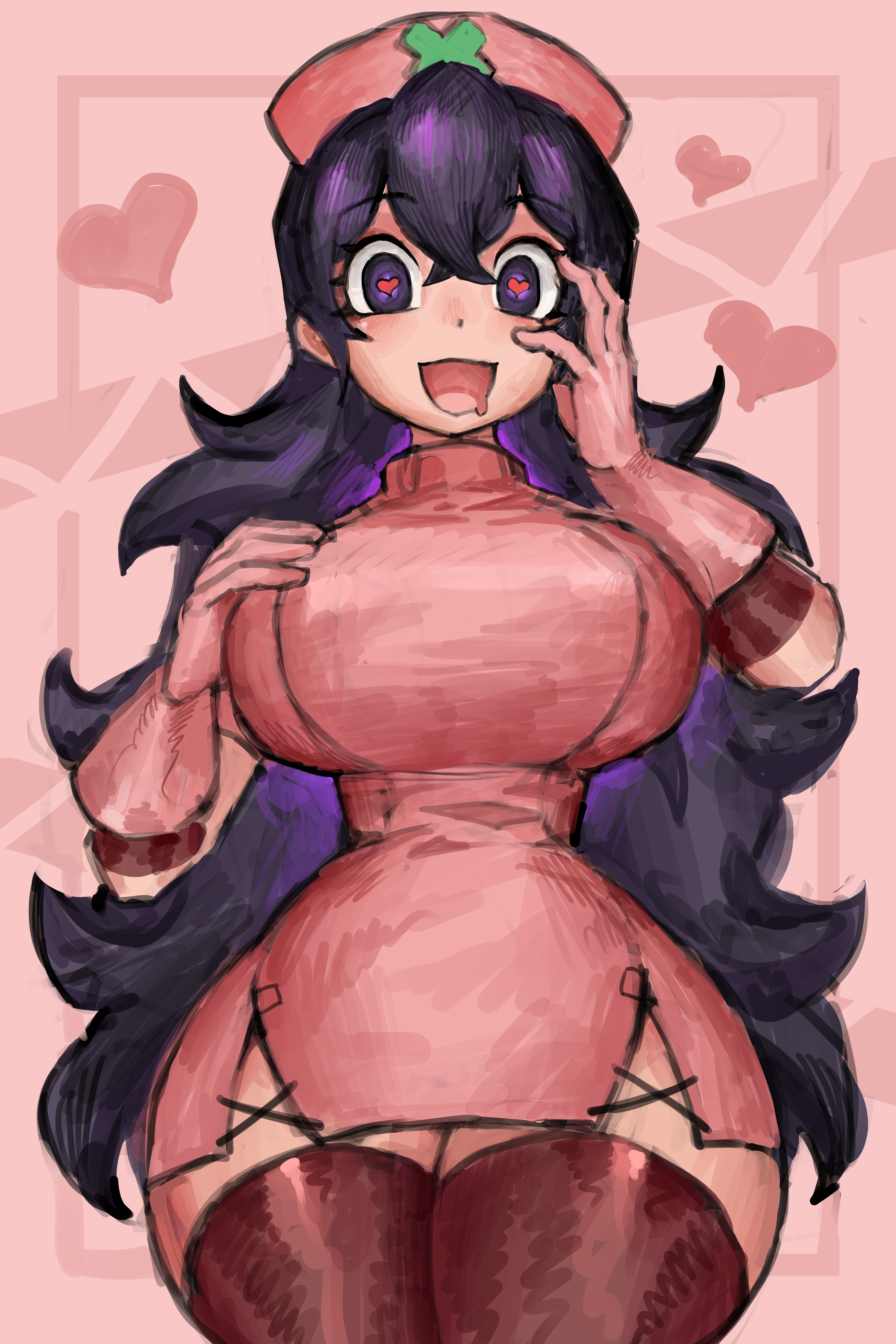 breasts, gloves, heart-shaped pupils, hex maniac (pokemon xy), hex maniac (pokemon), large breasts, long hair, looking at viewer, nurse, nurse cap, pokemon, purple hair, saiykik, smile, thick thighs, thighhighs