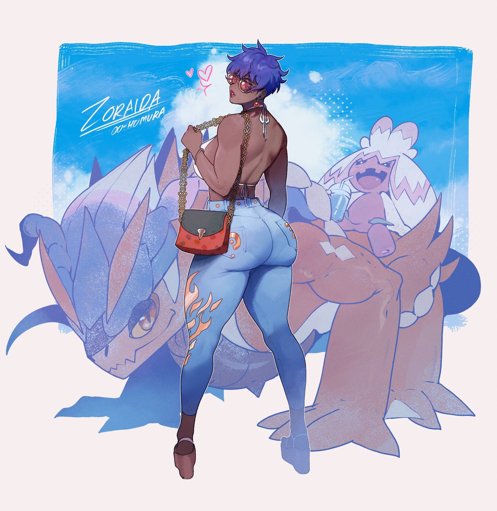 1girl, 2026, ass, ass focus, backless outfit, big ass, bikini, bikini top only, blue hair, breasts, dark skin, dark-skinned female, feral, from behind, generation 9 pokemon, hi res, highres, huge ass, koraidon, legendary pokemon, looking at viewer, looking back, looking back at viewer, mole, mole under eye, nintendo, original, original character, pantylines, paradox pokemon, platform heels, platform sandals, pokemon, pokemon scarlet and violet, pokemon sv, purple eyes, rear view, sandals, short hair, swimsuit, thiccwithaq, thick ass, thick thighs, thighs, tinkaton, tomboy, very dark skin, wedge heels, zoraida (nyantcha)