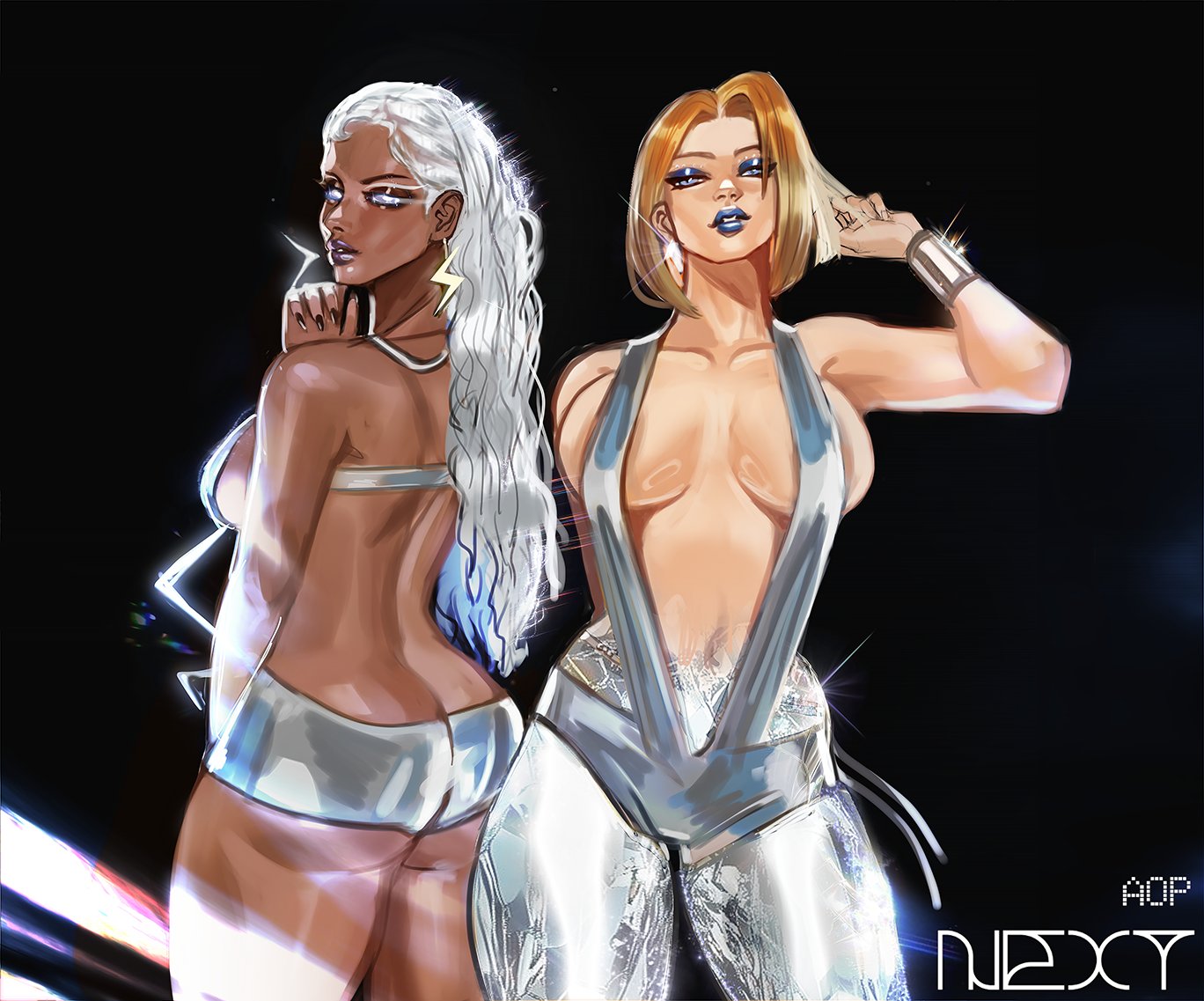 2d, 2girls, arts of paloma, ass, ass cleavage, ass crack, back view, barely clothed, big ass, big breasts, blonde female, blonde hair, blonde hair female, blue eyes, blue lipstick, bob cut, breasts, brown eyeshadow, cleavage, clothed, dark skin, dark skinned female, diamond, dress, emma frost, emma frost (marvel rivals), eyeshadow, female, female artist, female only, front view, fully clothed, glowing eyes, inner sideboob, large breasts, legs, light skin, light skinned female, looking at viewer, marvel, marvel comics, marvel rivals, mutant (marvel), ororo munroe, purple lipstick, revealing clothes, revealing dress, sideboob, standing, storm (x-men), thick ass, thick thighs, thighs, transformation, voluptuous, voluptuous female, white eyes, white hair, white hair female, x-men