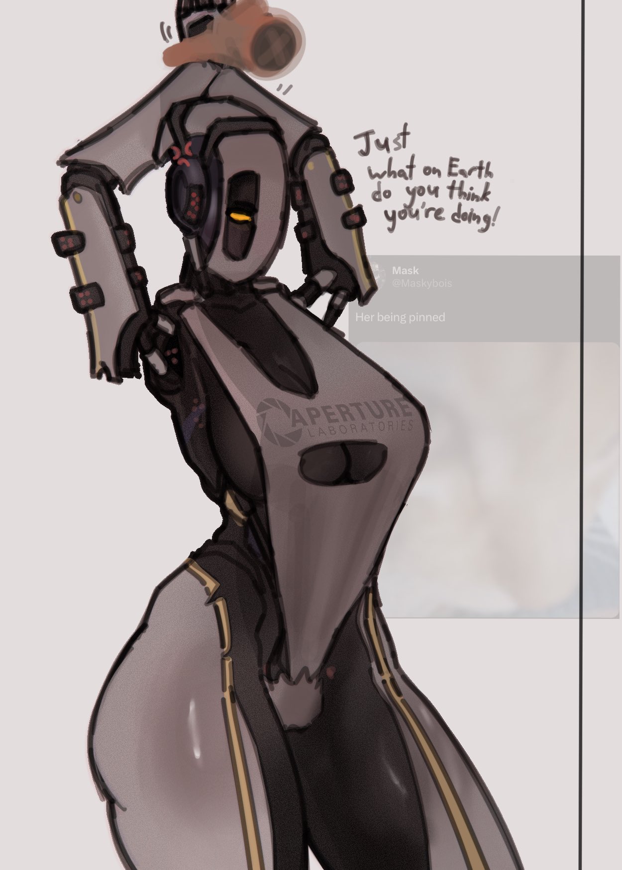 2d, annoyed, annoyed expression, bound, bound wrists, dialogue, disembodied hand, dubious consent, glados, glados (humanoid), glados (thiccythings), huge ass, huge breasts, human, looking at viewer, one eye, one-eyed, portal (series), robot, robot girl, valve, wide hips, wrists tied, yufishart